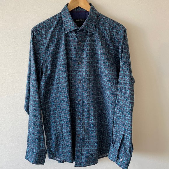 Bugatchi Shirt - Blue/Black/Turquise Patterned - Medium - Classic Fit - Picture 1 of 5